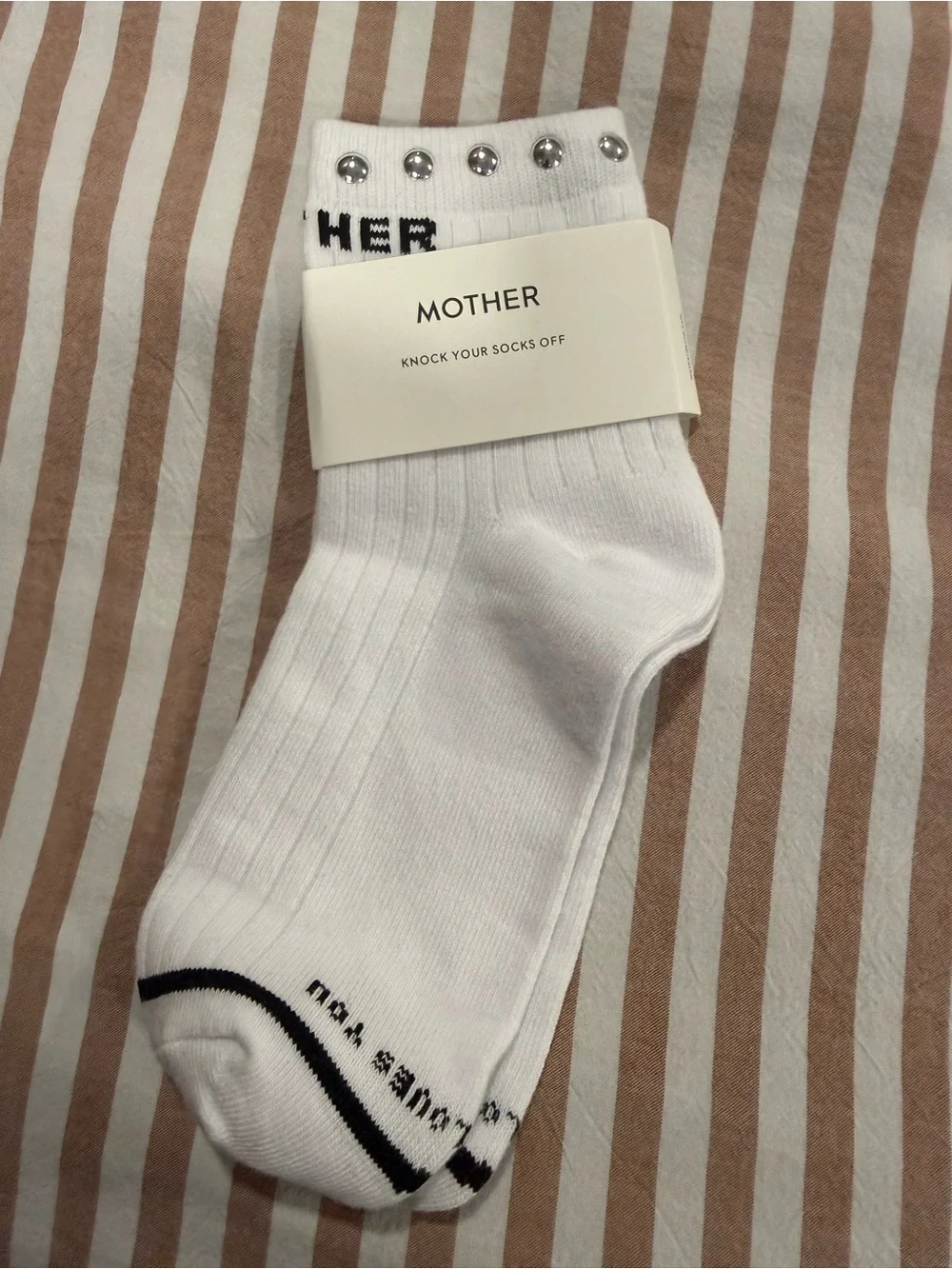 MOTHER White Ankle Socks with Silver Studs and Black Stripe